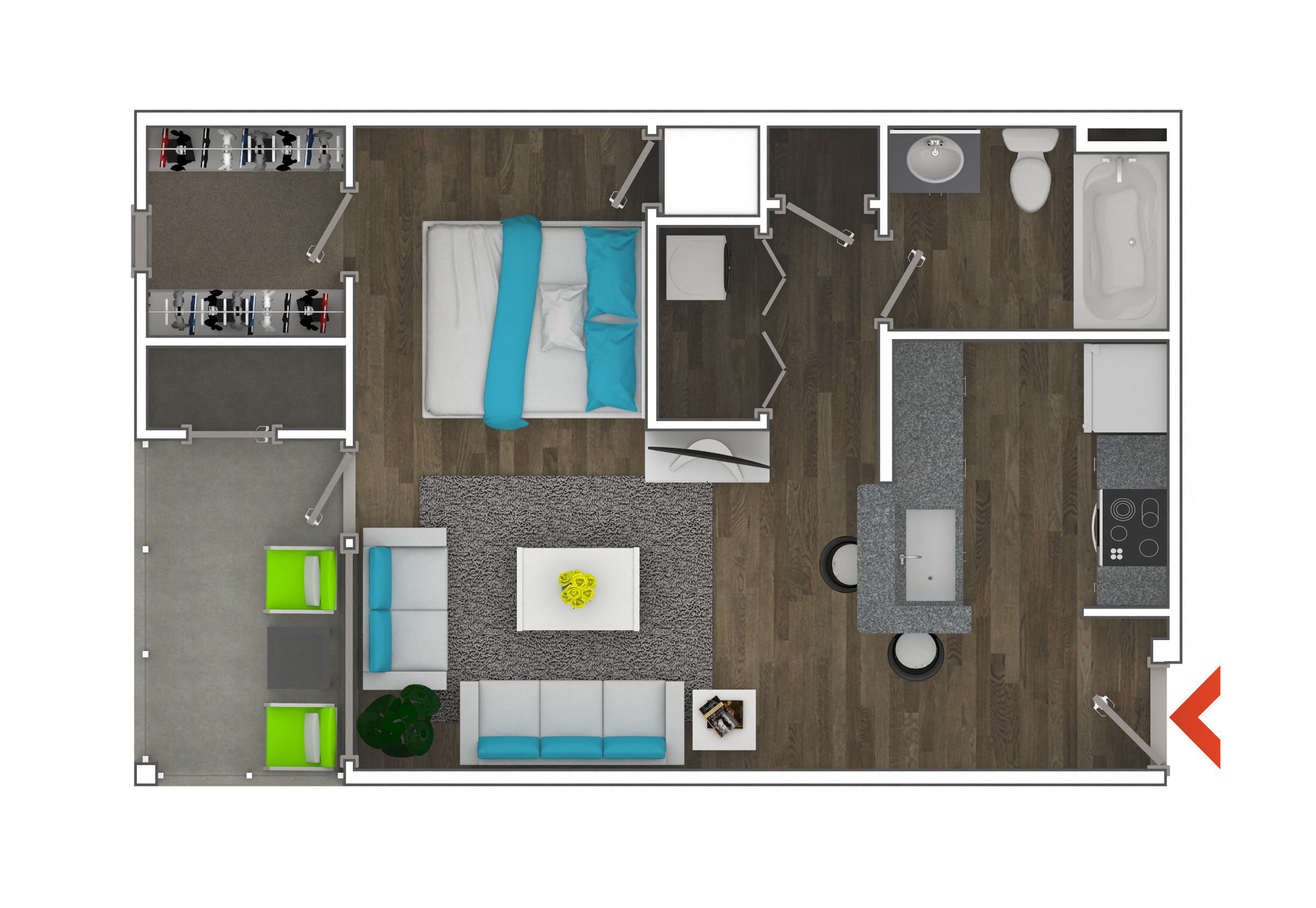 Floor plan for studio, 1 bath, 584 sqft
